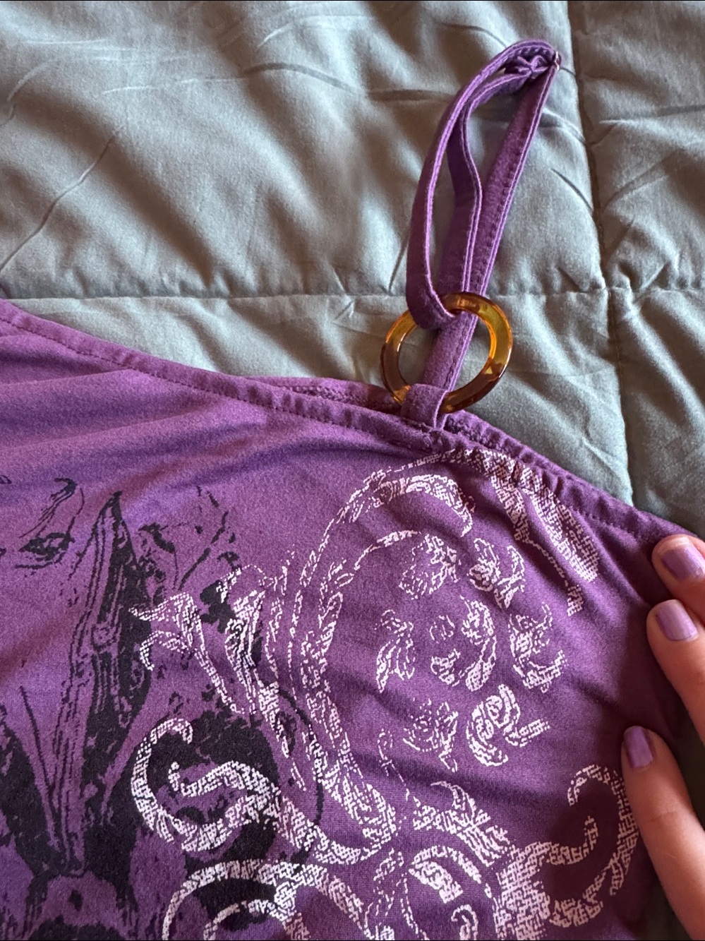 Y2K Purple One-Shoulder Floral Print Top - Picture 4 of 5